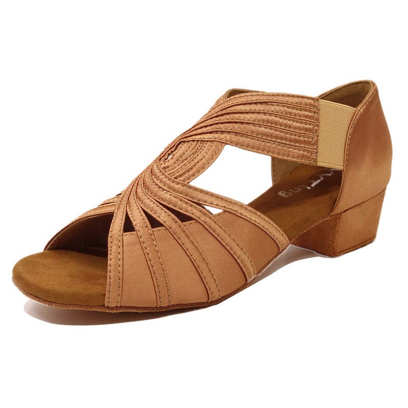 YYTing Low Heel Women Ballroom Dance Shoes Salsa Batchata Social Beginner Practice Wedding Dancing 1.5'' Heels YT04(9, Tan) - Image 1